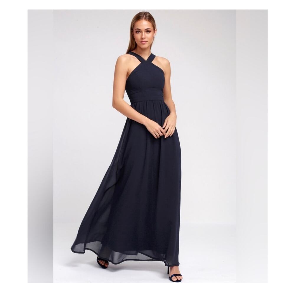 Lulus Air of Romance Halter Navy Chiffon Maxi formal dress, Medium